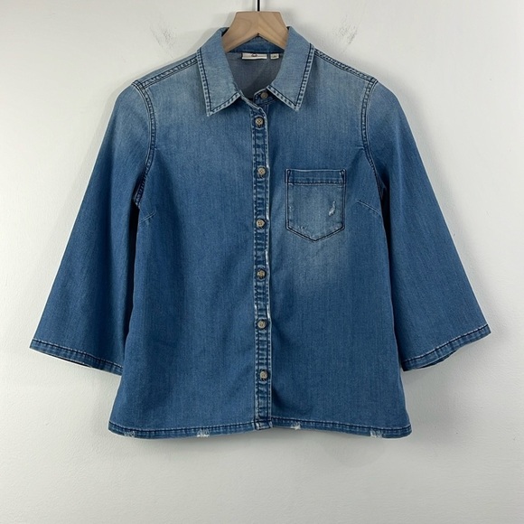 Adriano Goldschmied Chambray 3/4 Flared Sleeve Button Up Top Womens Size M - Picture 1 of 12